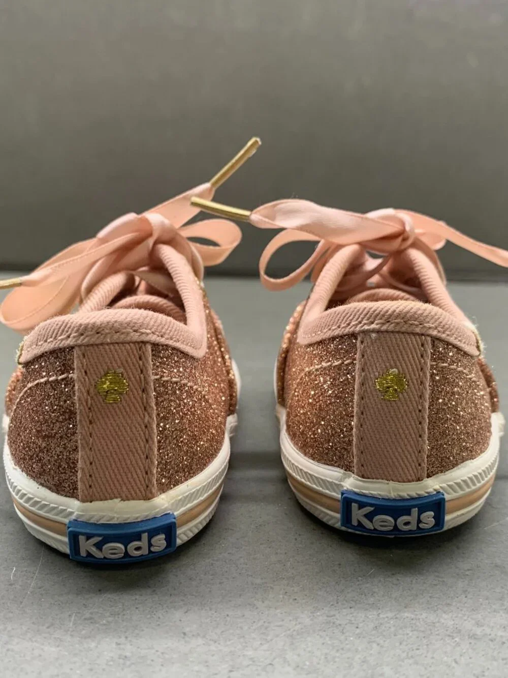 Keds Champion Glitter Crib Shoes Rose Gold Pink Satin Ribbon Size 2M Baby
